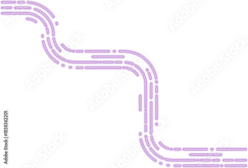 Neon dashed elements form an irregular path characterized by gentle glowing turns and soft curvature.