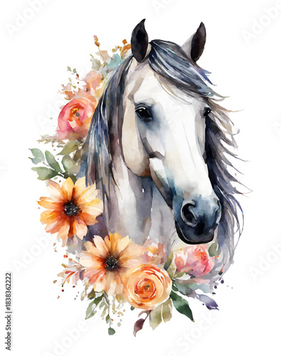 Horse with Flowers Watercolor PNG Illustration.