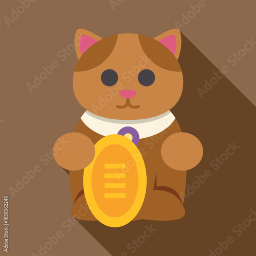 Maneki neko cat figurine holding a gold coin, bringing good fortune and luck
