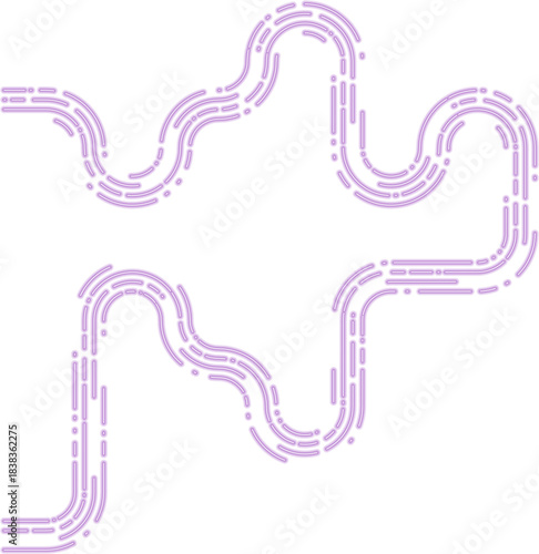 Progressive neon dashed strokes create an irregular cascading path with flowing downward curves.