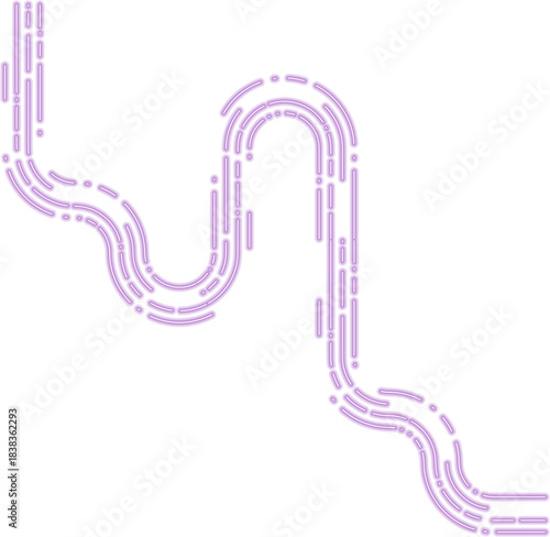 Sequential neon dashed strokes outline an irregular movement path with consistent directional curves.