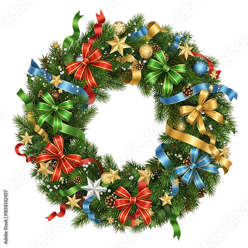 Vibrant festive traditional Christmas wreath adorned with colorful ribbons stars and ornaments perfect for holiday greetings and seasonal celebrations
