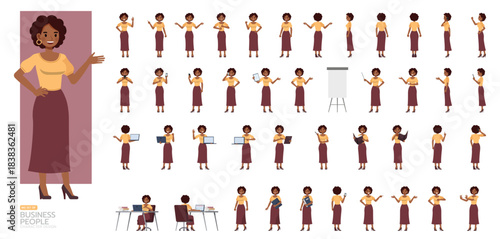 Big Set of Businesswoman wear yellow shirt and long purple skirt, brown curly hair character vector design. People working in office planning, thinking and economic analysis.