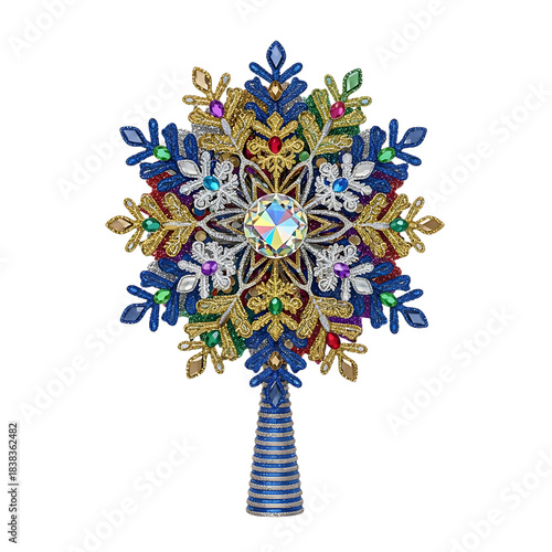 Vibrant glittering snowflake Christmas tree topper with colorful gems and iridescent jewel decoration isolated on transparent background