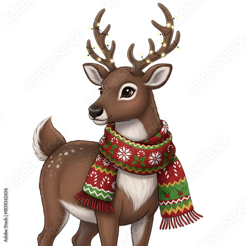 Whimsical cartoon reindeer with glowing Christmas lights on its antlers and a festive knitted scarf