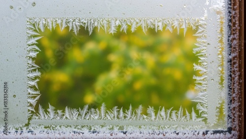 Frosted window frame edges, blurred view outside leaves middle blank

