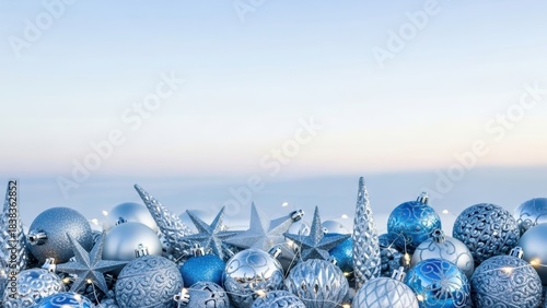 Silver and blue ornaments on bottom, snowy sky gradient for message above
