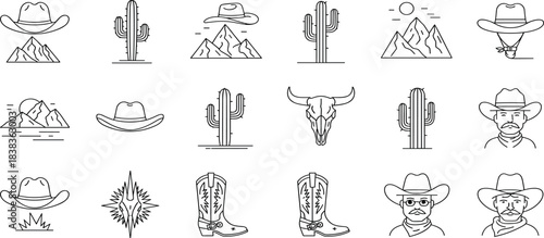 Collection of Western Icons Featuring Cowboy Hats Cacti and Boots.