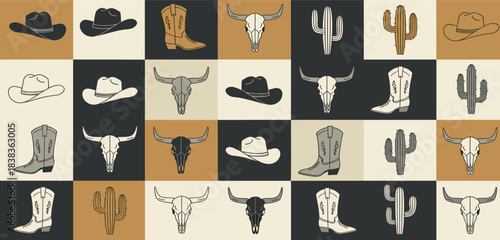 Western Cowboy Culture Seamless Pattern with Hats Boots Skulls Cacti.