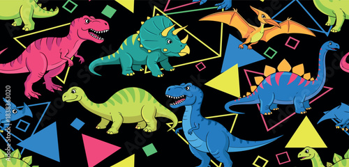 Vibrant Cartoon Dinosaurs Pattern with Geometric Shapes.