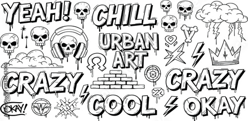Graffiti Style Urban Art Elements Collection with Skulls and Words.