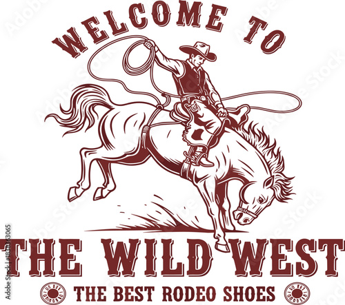 Cowboy riding a bucking horse in a rodeo.