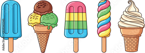 A delightful collection of colorful frozen desserts, including various ice cream cones and popsicles, perfect for summer treats and sweet refreshment, rendered in a vibrant cartoon illustration style