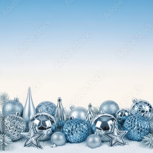 Silver and blue ornaments on bottom, snowy sky gradient for message above
