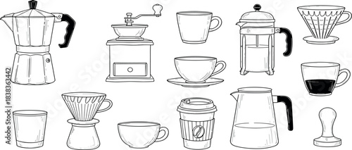 Collection of various coffee brewing equipment and accessories for making hot beverages