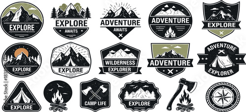Retro Outdoor Adventure Badges and Emblems - Explore Wilderness, Camping, and Travel