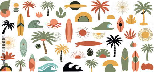 Abstract Tropical Beach Elements Collection with Palm Trees, Surfboards, and Waves