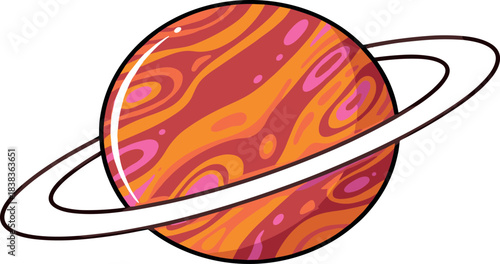 Stylized Illustration of a Ringed Planet with Swirling Red and Orange Hues