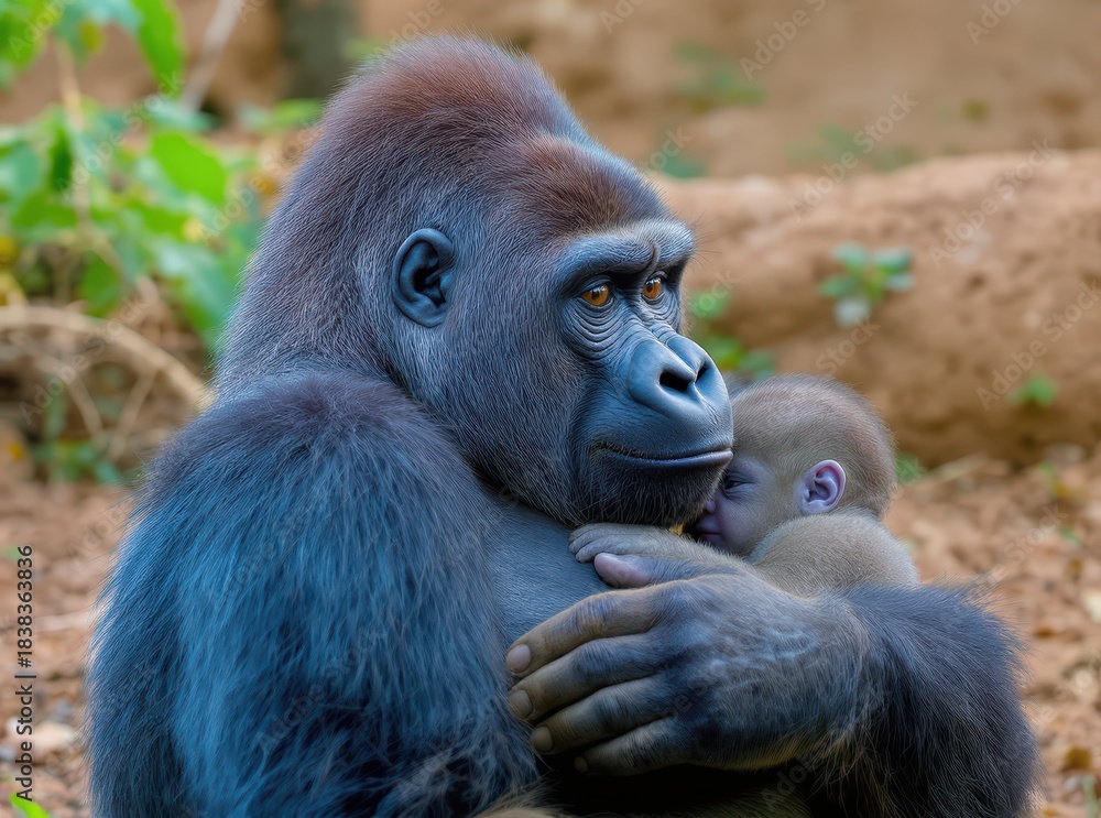 Obraz premium Tender Moment Between Mother Gorilla and Baby in Natural Habitat