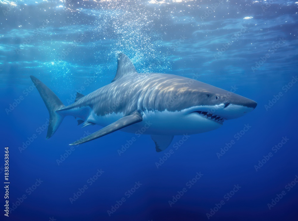 Fototapeta premium Majestic Great White Shark Swimming Gracefully in Blue Ocean Waters