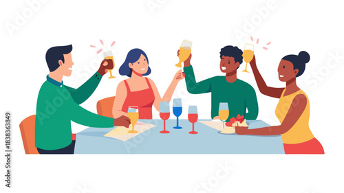 Diverse group toasting champagne at a celebratory dinner party, flat illustration style .vector icon