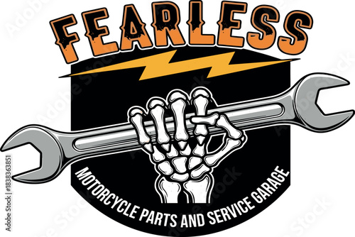 Bold graphic illustration featuring a powerful skeleton hand gripping a sturdy wrench, symbolizing expert mechanical service and repair for motorcycle enthusiasts