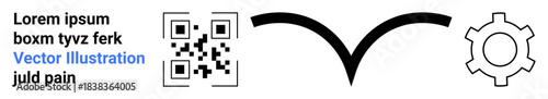 QR code, bold curved arrow, gear and text lines suggest data sharing, navigation, tech processes. Ideal for app design, tech demo, UIUX layouts, e-learning QR tools digital guides simple landing
