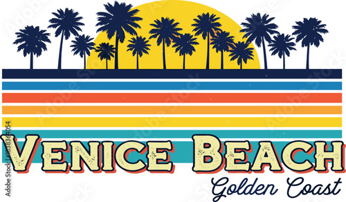 Venice Beach Golden Coast Retro Sunset Vintage Vibes Palm Tree Graphic Art