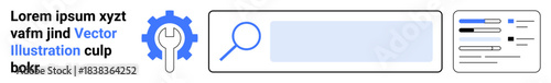 Online search, web development, technology tools, SEO optimization, data management, user interface design. Gear icon, magnifying glass and interface elements. SEO optimization and web development