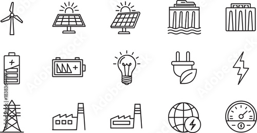 A collection of renewable energy and industrial infrastructure outline icons
