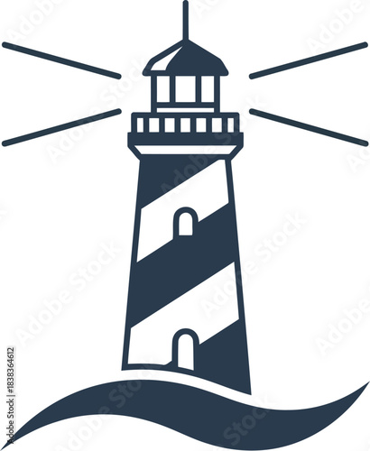 Iconic lighthouse guiding ships at sea with bright rays of light illustration vector
