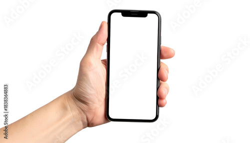 Hand holding a black touchscreen rectangle against black, showing the device's front