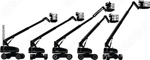 Boom lift silhouette collection with workers operating aerial platform lifts, construction access equipment, high reach machinery for industrial building safety work