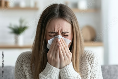 Young woman suffering from common cold or allergy symptoms, blowing nose into a tissue with copy space
