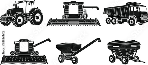 Agriculture machinery silhouette set with tractor, harvester, trailer, grain cart and truck, farm equipment icons for farming and harvesting work