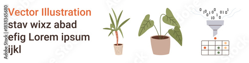 Home decor, nature, gardening, data technology, information flow, binary systems. Two potted plants and a funnel filtering binary code into a grid. Nature and data technology conceptual design