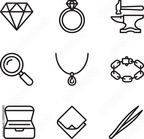 Jewelry making tools and precious stones with diamond, magnifying glass and ring vector illustration