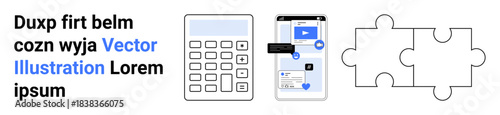Business management, digital tools, education, problem-solving, teamwork, data entry. Calculator, smartphone interface and puzzle pieces icons. Business tools and digital tools concept