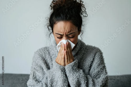 Young woman blowing nose into a tissue, suffering from cold, flu, or allergy symptoms at home. Copy space