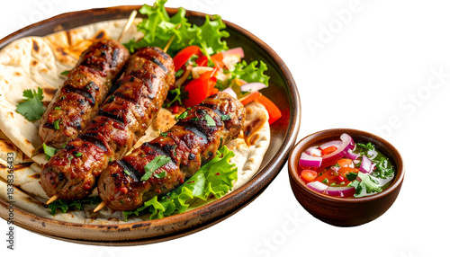 Grilled skewers of seasoned meat with flatbread, greens, and dipping sauce