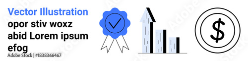 Business strategy, economic progress, achievement, financial growth, commerce, investment. A ribbon icon, upward arrow bar chart and dollar sign outline. Business strategy and financial growth