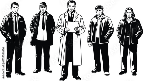 Business people silhouettes, professional men and woman in stylish jackets, corporate team illustration, leadership group concept, office workers standing together artwork.