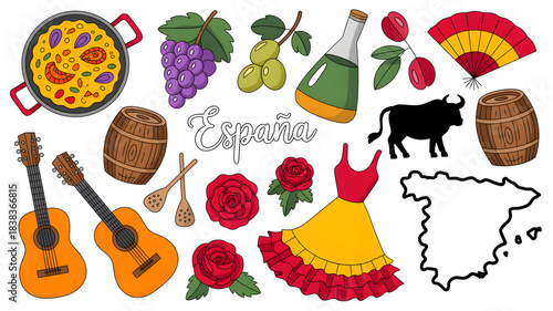 Spain cultural symbols concept set on white