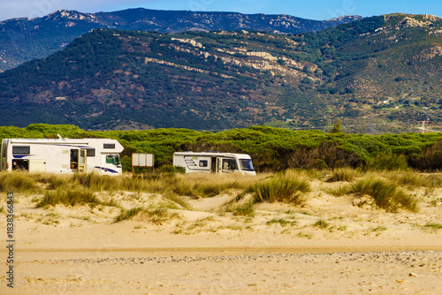 Camper vehicles on beach, Spain