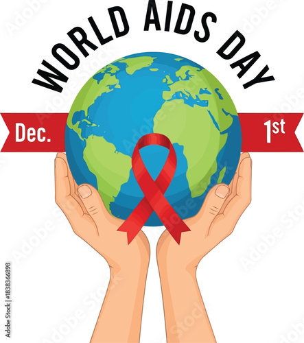 World aids day awareness hands holding earth red ribbon december 1st global health charity event vector