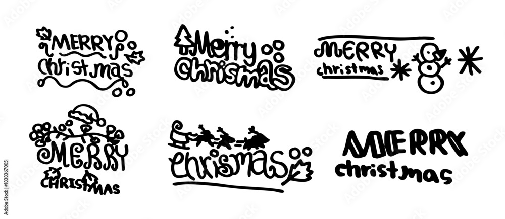 Obraz premium Merry Christmas doodle lettering vector illustration with cute hand drawn festive elements in black and white. Holiday greeting design for cards invitations and decorations.