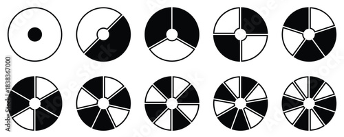 Pie chart with different segments in a circular diagram. wheel graph divided into parts and sections. Flat vector illustration isolated on white background