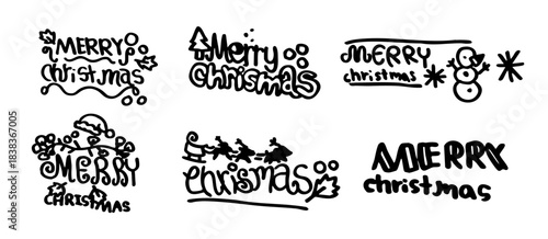 Merry Christmas doodle lettering vector illustration with cute hand drawn festive elements in black and white. Holiday greeting design for cards invitations and decorations.