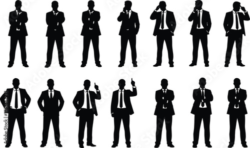 Businessman silhouettes collection in professional poses with suit and tie, office people communication, leadership, teamwork, corporate success illustration vector