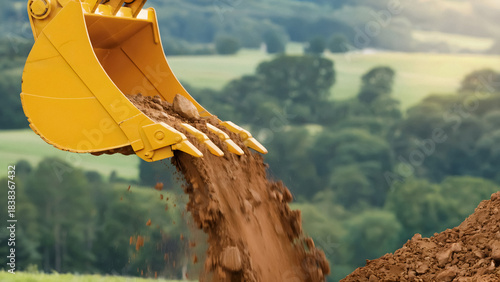 yellow excavator dumping soil construction site heavy machinery work